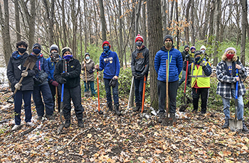 A group of volunteers standing in the woods during a Buckthorn Bust in Plymouth