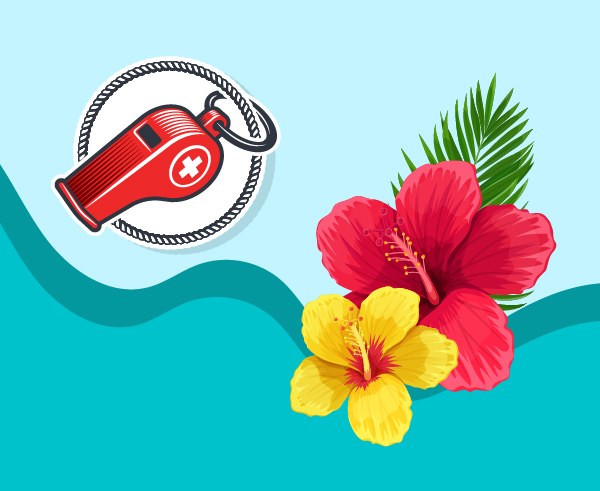 Graphic with tropical flowers and a lifeguard whistle