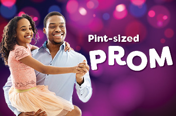 Photo of a man holding a child dressed in a pink skirt with text that says Pint-Sized Prom