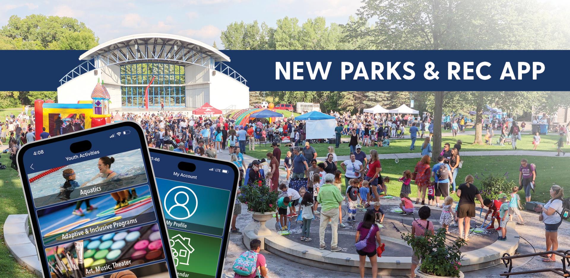 Photo of the Hilde with two phone images displaying the app, with text that says: "NEW PARKS & REC APP"