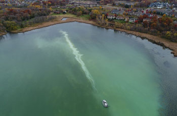 Drone image of an aluminum sulfate treatment being applied to a Plymouth lake, temporarily turning the water a bright blue/green