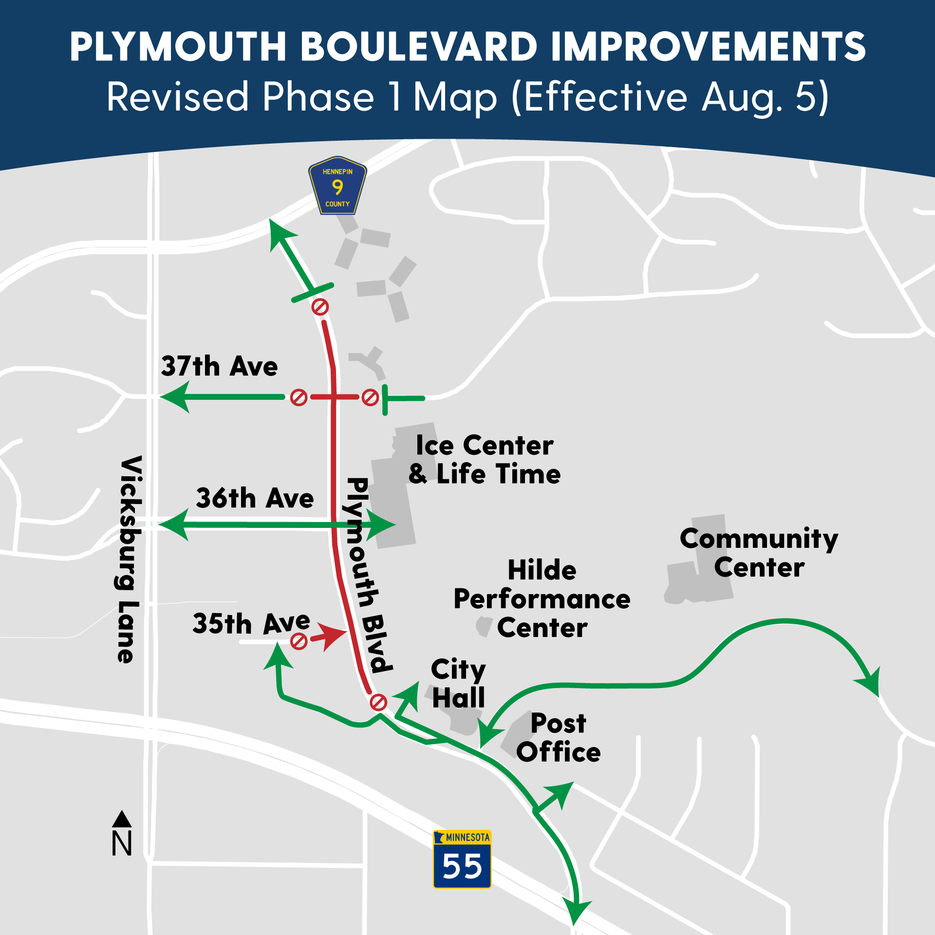 Revised Phase 1 Map of the Plymouth Boulevard Project effective Aug. 5