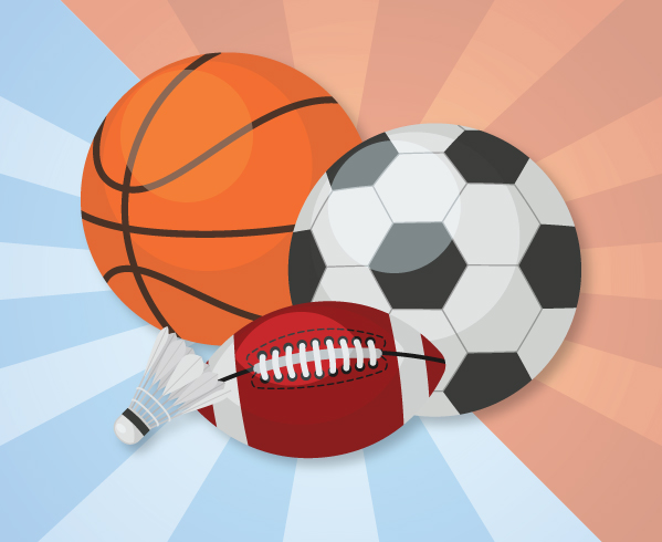 Graphic with a basketball, soccer ball, football and badminton shuttle