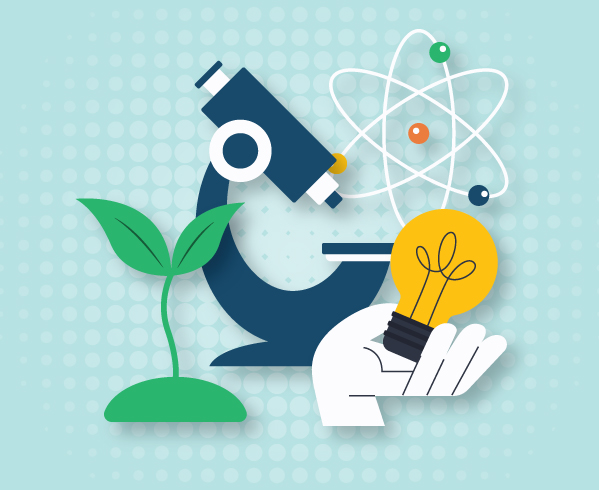 Graphic with a microscope, plant, hand holding a light bulb and science icon