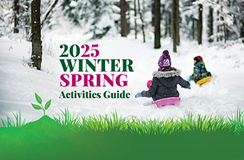 Photo of two children sledding with text that says 