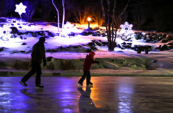 Ice skaters at the Millennium Garden's frozen pond during the Skate the Garden event