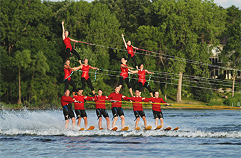 A pyramid of performers water skiing during the water ski show on Parkers Lake