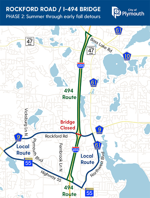 Map of the detour routes during Phase 2, which include I-494, Highway 55 and Bass Lake Road. 