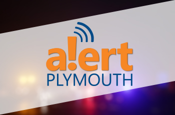 Alert Plymouth logo displayed over a blurred image of public safety or emergency response vehicles