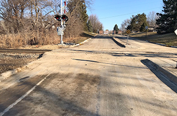 Pineview Lane at the Canadian Pacific railroad tracks in Plymouth